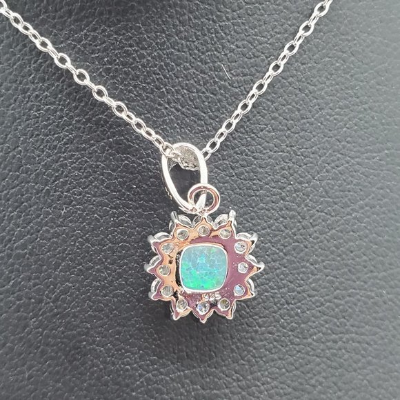 Silver 925 Rhodium Plated Opal Sun CZ Stud Earring and Necklace Set